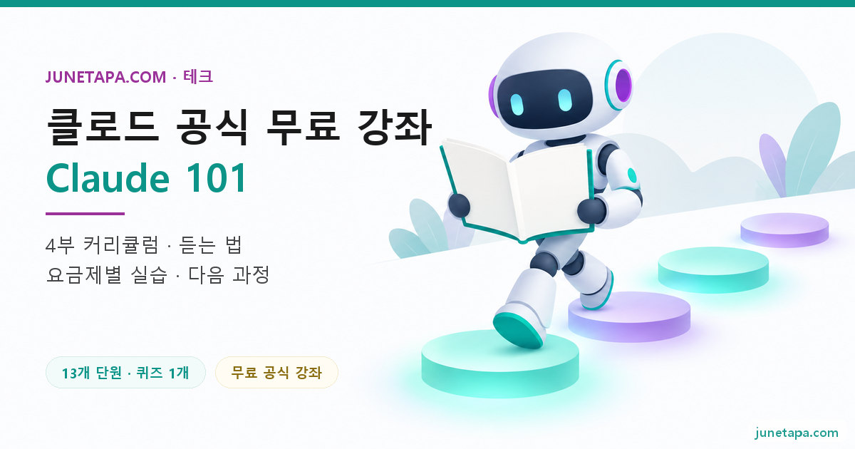 클로드 무료 강좌 Claude 101 대표 그림 — 왼쪽에 «클로드 공식 무료 강좌 Claude 101» 제목이 있고, 오른쪽에 작은 로봇이 네 개의 빛나는 디딤돌이 이어진 길 위에서 펼친 빈 책을 들고 앞으로 걸어가는 장면