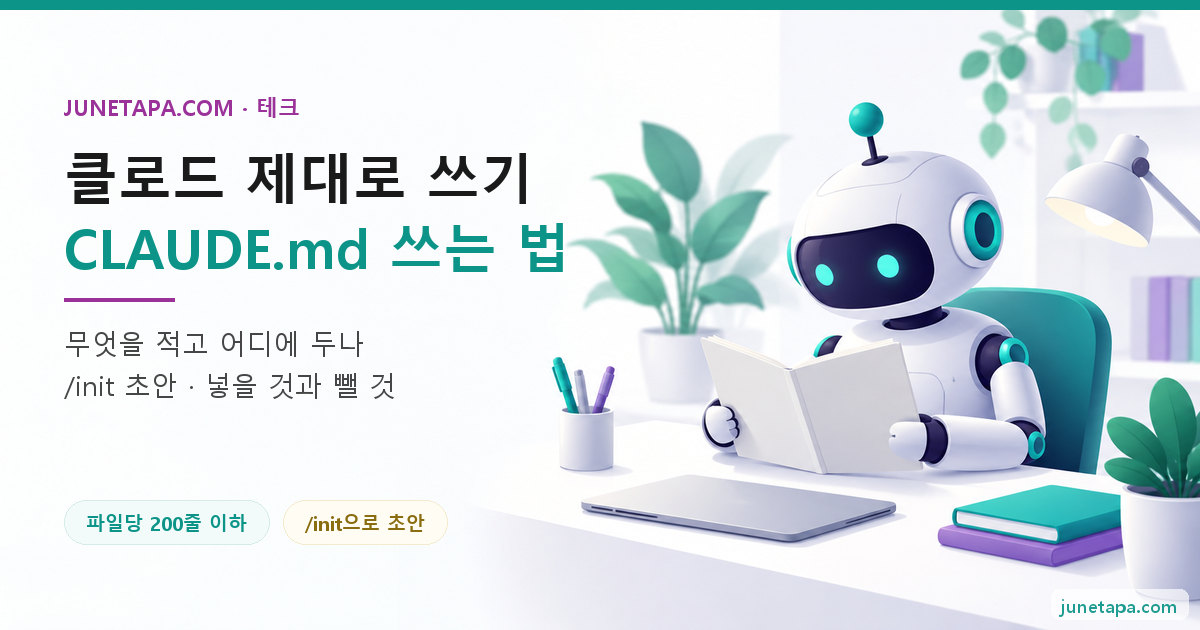 CLAUDE.md 쓰는 법 대표 그림 — 왼쪽에 «클로드 제대로 쓰기 · CLAUDE.md 쓰는 법» 제목과 «파일당 200줄 이하» «/init으로 초안» 배지가 있고, 오른쪽에 작은 로봇이 책상 위 얇은 공책을 펼쳐 읽는 장면