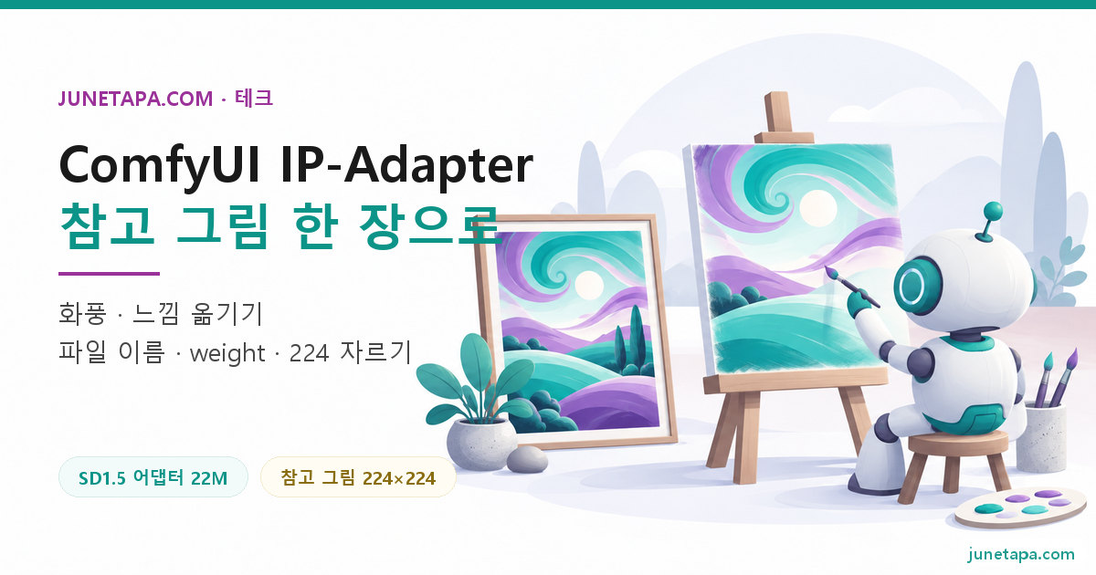 ComfyUI IP-Adapter 사용법 대표 그림 — 왼쪽에 «ComfyUI IP-Adapter · 참고 그림 한 장으로» 제목이 있고, 오른쪽에서 작은 로봇 화가가 참고 그림 액자를 이젤 옆에 세워 두고 같은 색감으로 새 그림을 그리는 장면