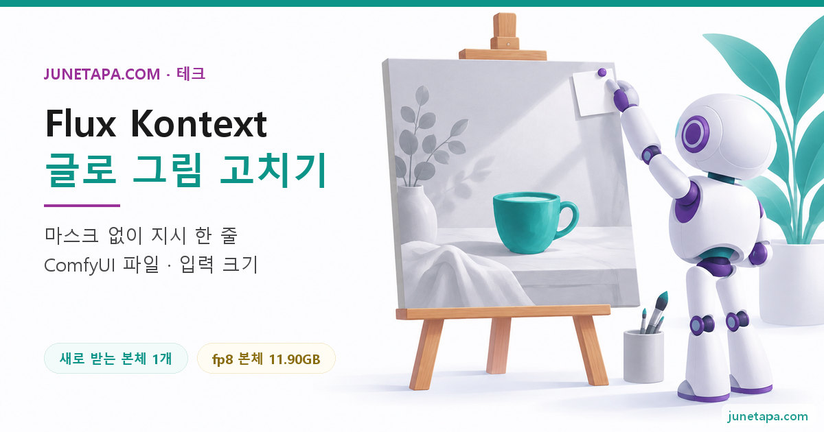 Flux Kontext 사용법 대표 그림 — 왼쪽에 «Flux Kontext · 글로 그림 고치기» 제목이 있고, 오른쪽에서 작은 로봇이 쪽지를 이젤에 붙이자 그림의 한 부분만 색이 바뀌는 장면