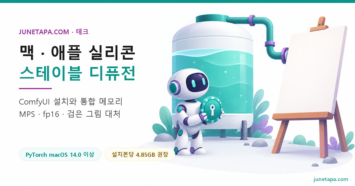 맥 스테이블 디퓨전 대표 그림 — 왼쪽에 «맥 · 스테이블 디퓨전» 제목이 있고, 오른쪽에서 작은 로봇이 칩 모양 열쇠를 든 채 커다란 물 저장 탱크 옆에 서서 이젤 위의 빈 캔버스를 바라보는 장면