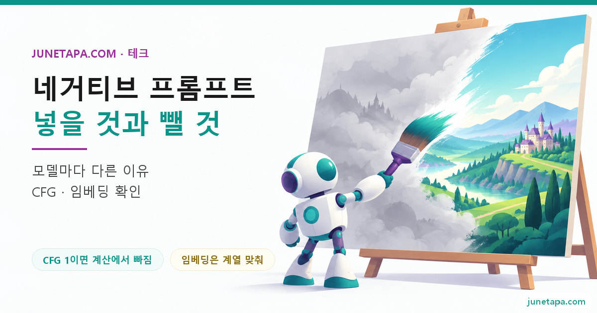 스테이블 디퓨전 네거티브 프롬프트 대표 그림 — 왼쪽에 «네거티브 프롬프트 · 넣을 것과 뺄 것» 제목이 있고, 오른쪽에서 작은 로봇 화가가 뿌연 안개를 걷어 내며 맑은 풍경 캔버스를 드러내는 장면
